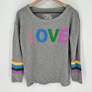 Chaser Love Knit Sweatshirt Top in Heather Gray Rainbow Stripe Size Small